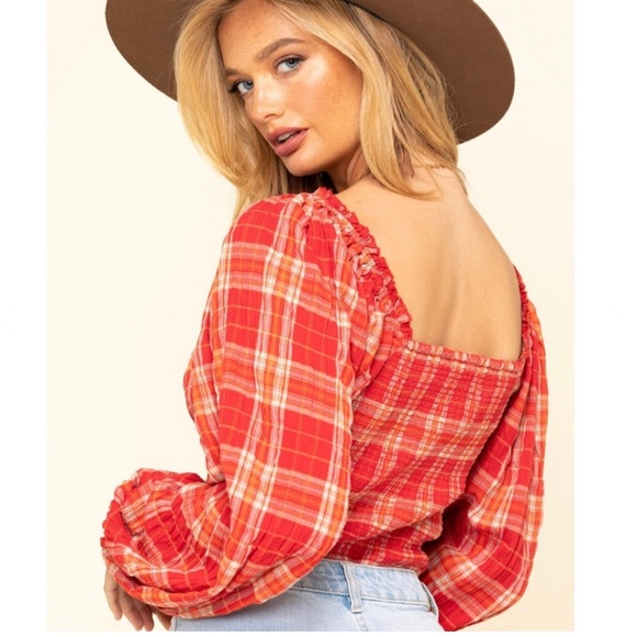 FREE PEOPLE Cherry Bomb Madrass Plaid Top in Red Hot Size Large New - Picture 2 of 14